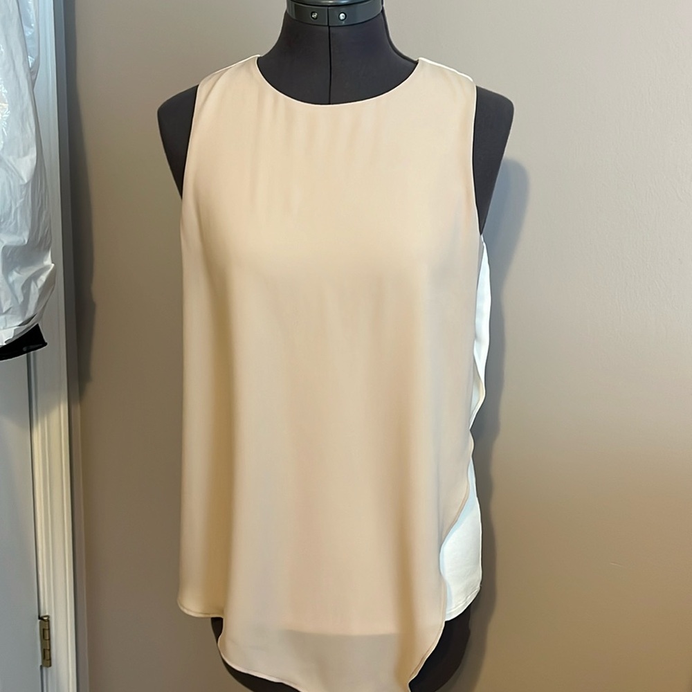 Tan and cream asymmetrical sleeveless tunic